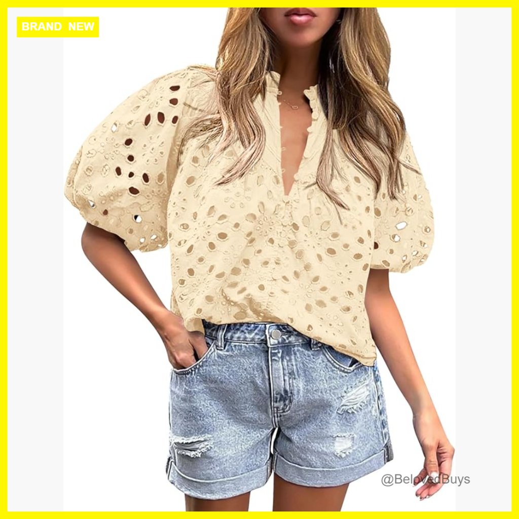 Short Sleeve V-Neck Blouse With Eyelet Lace Embroidered Summer Top